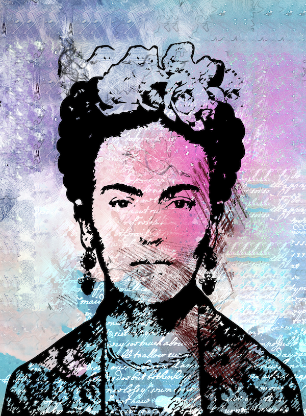 Poster - Frida Kahlo, roze/blauw/zwart, Mexicaanse surrealistische kunstschilderes, incl bevestigingsmateriaal