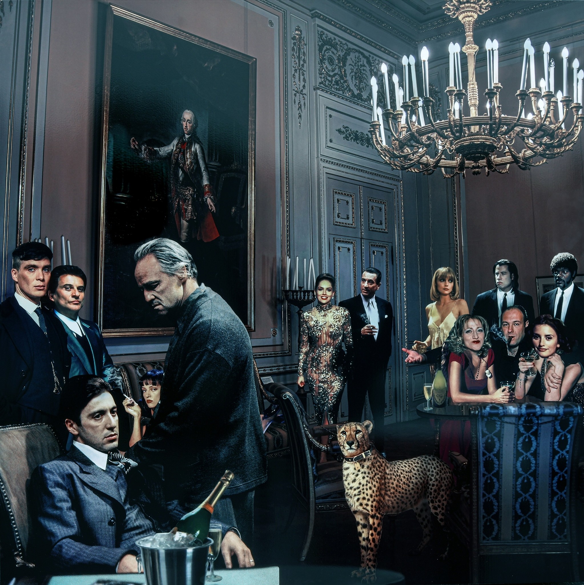 Glasschilderij - Gangsters Verzameld, Marlon Brando, Al Pacino, Samual L Jackson, John Travolta e.v.a afbeelding
