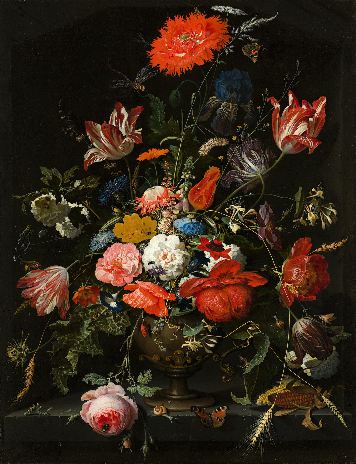 Poster - Abraham Mignon, Bloemen in een metalen vaas, 60x78cm, verpakt in stevige kartonnen rolkoker afbeelding