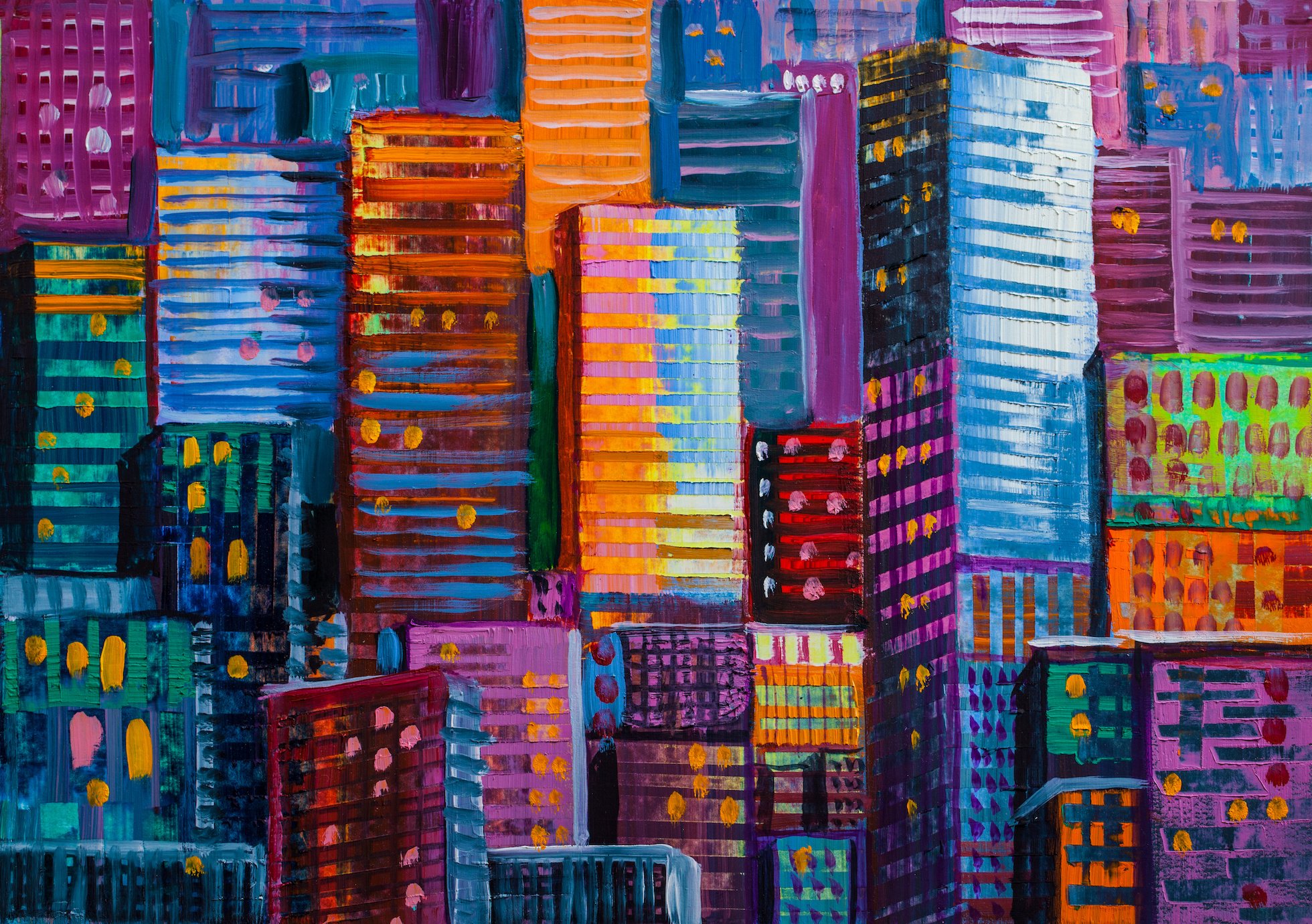 Poster - Abstracte Gebouwen, Skyscrapers in kleuren, Multikleur, Verpakt in kartonnen rolkoker
