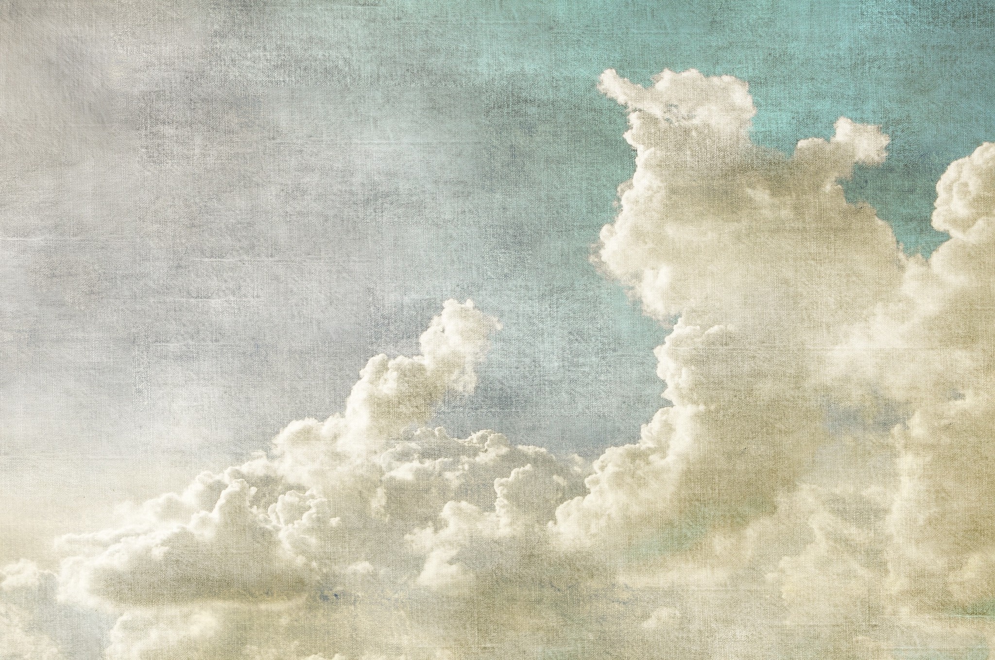 Schilderij - Blauwe hemel met witte wolken, grunge in retro stijl, Premium print