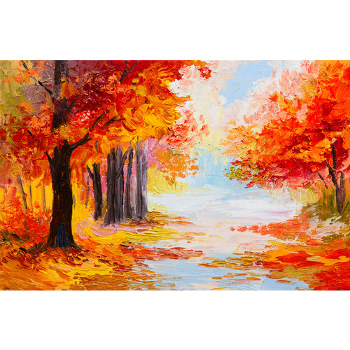 Karo-art Schilderij - Geschilderde Herfstbos, Prachtige kleuren, Premium Print op canvas, Wanddecoratie