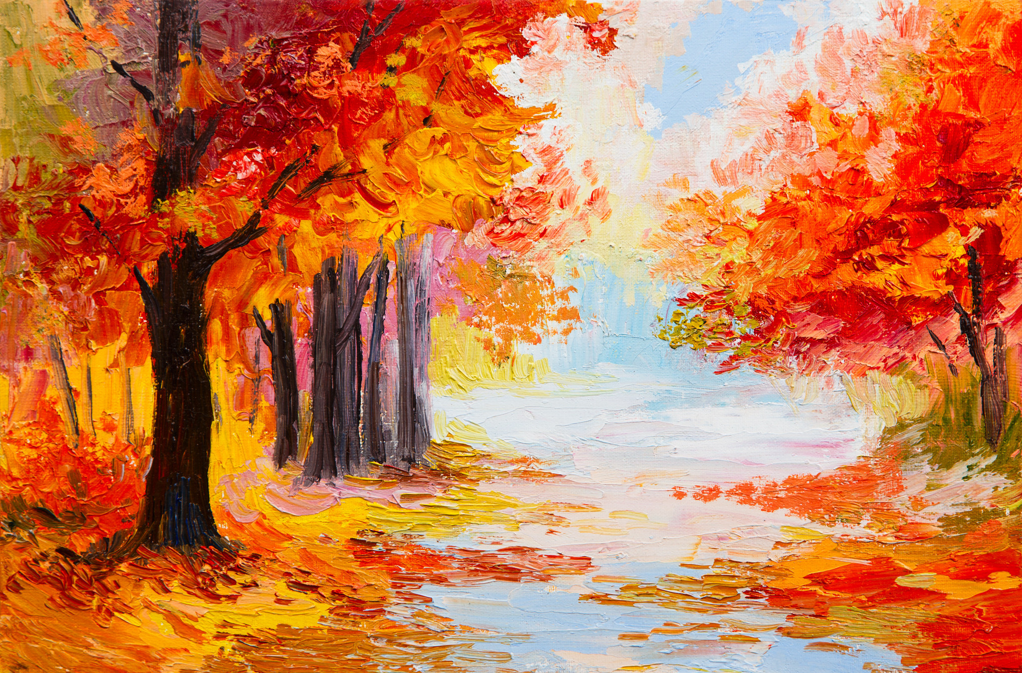 Schilderij - Geschilderde Herfstbos, Prachtige kleuren, Premium Print op canvas, Wanddecoratie