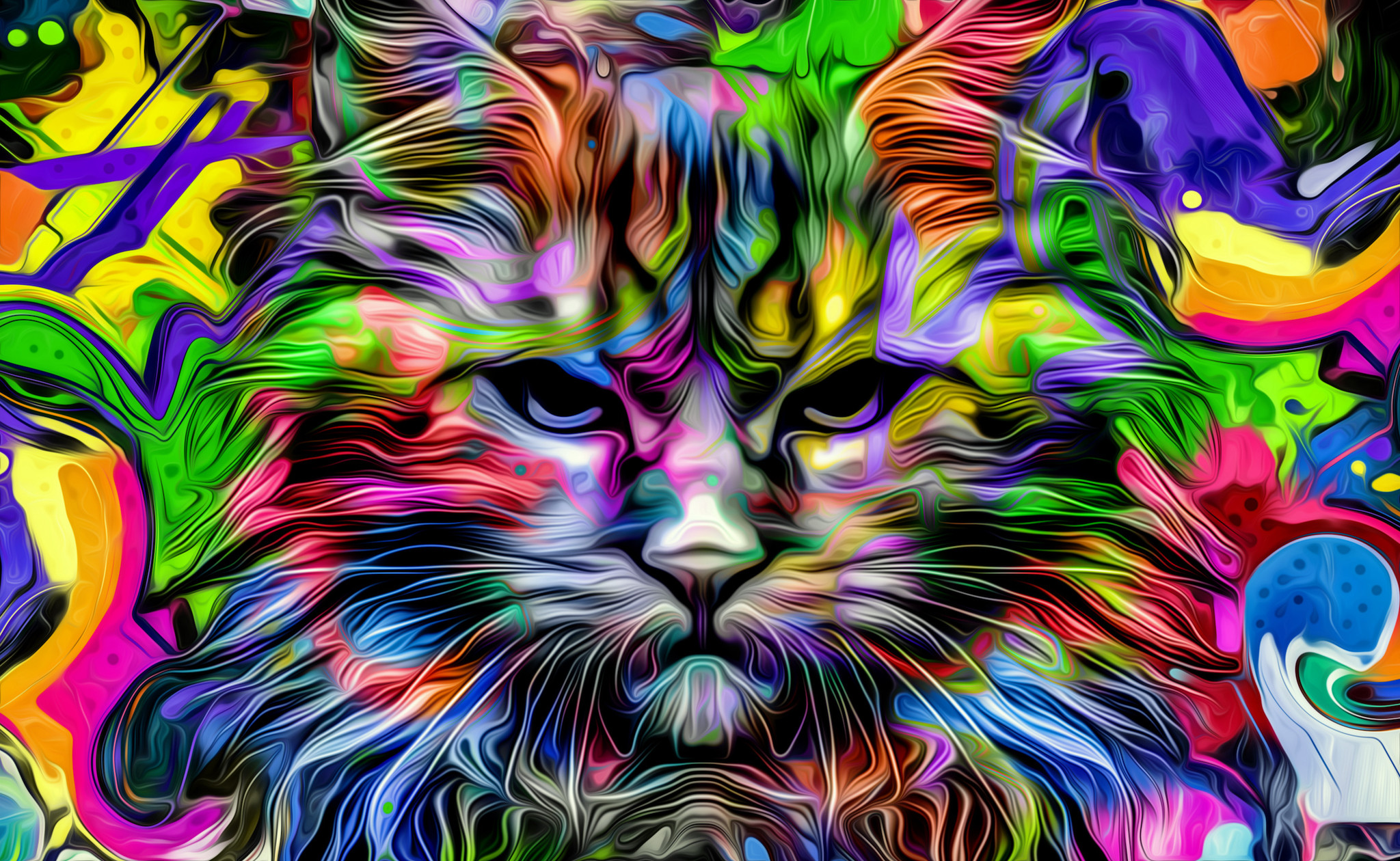 Schilderij - Hoofd van kat in regenboog kleuren, Multikleur, Premium Print op canvas, Wanddecoratie