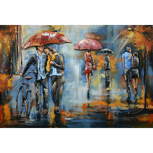 Schilderij - Metaalschilderij - Verliefd in de regen, 3D uitvoering, 120x80cm.  handgeschilderd, ophanghaakjes meegeleverd
