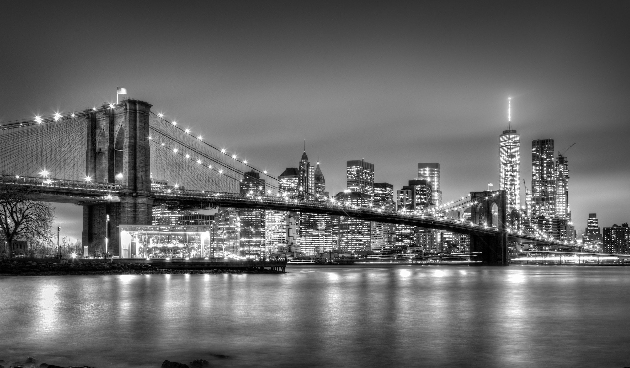 Schilderij - Brooklyn bridge, New York, USA, zwart,wit , 2 maten , Premium print, een aanrader afbeelding
