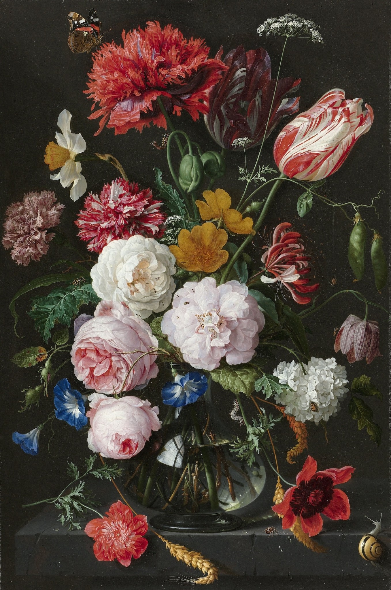 Schilderij - Stilleven met bloemen in een glazen vaas, Jan Davidsz. de Heem , Multikleur , 2 maten , Wanddecoratie. Museumstuk, zonder filter dus 1 op 1 van het origineel afbeelding