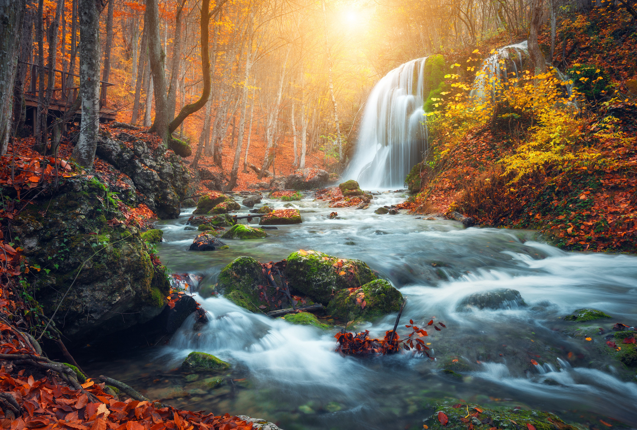 Schilderij - Waterval in bos, herfst, 2 maten , Multikleur , Wanddecoratie afbeelding