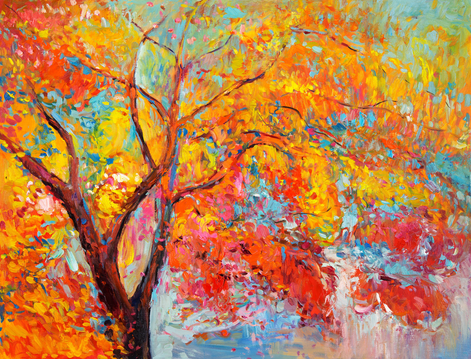 Schilderij - Park in de herfst (print van olieverf, modern Impressionisme), Multikleur , 3 maten , Wanddecoratie afbeelding