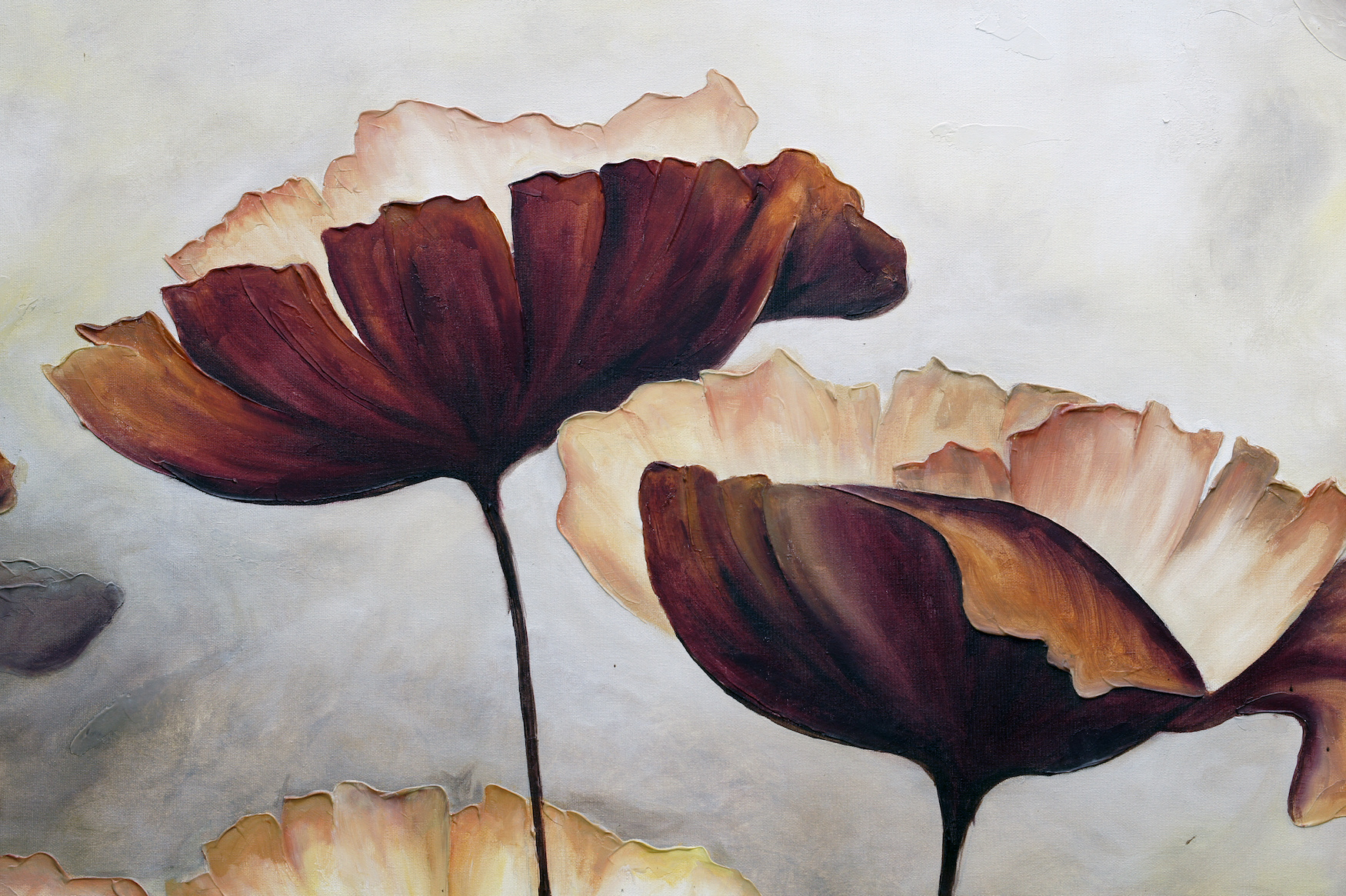 Schilderij - Klaprozen (print van handgeschilderd) , Bruin beige , 2 maten , Wanddecoratie afbeelding
