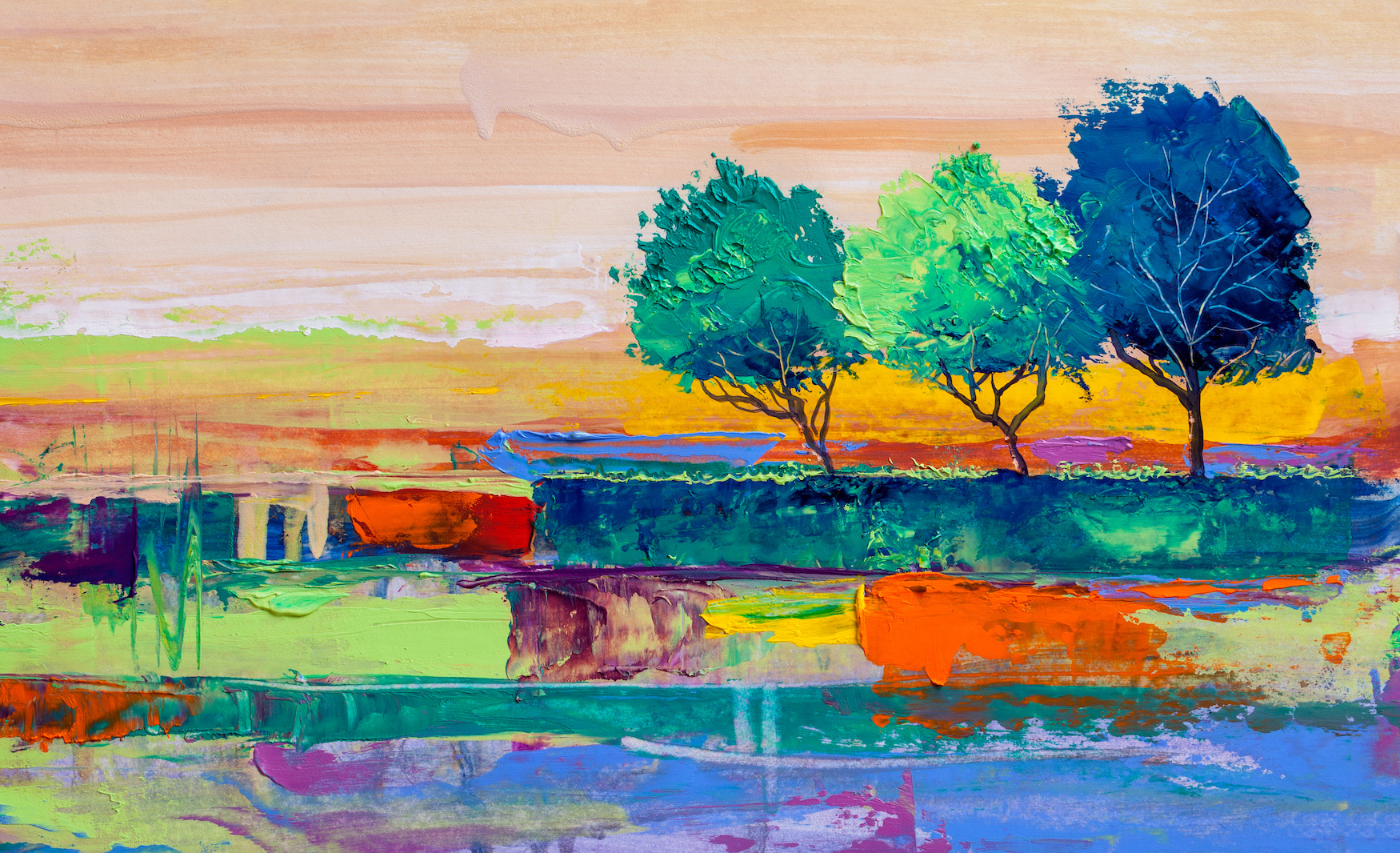 Schilderij - Gekleurde bomen (print van olieverf schilderij) , Multikleur , 2 maten , Premium print afbeelding