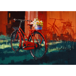 Karo-art Schilderij - Rode fiets met bloemen (print van handgeschilderd), Multikleur , Wanddecoratie