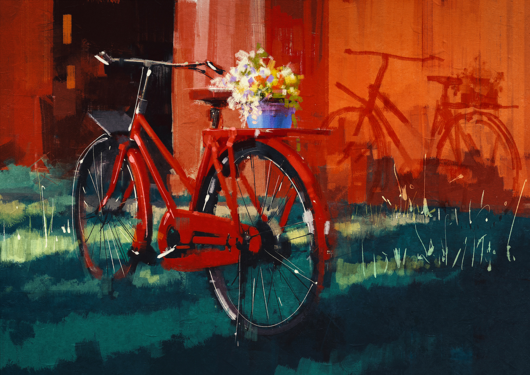 Schilderij - Rode fiets met bloemen (print van handgeschilderd), Multikleur , Wanddecoratie afbeelding