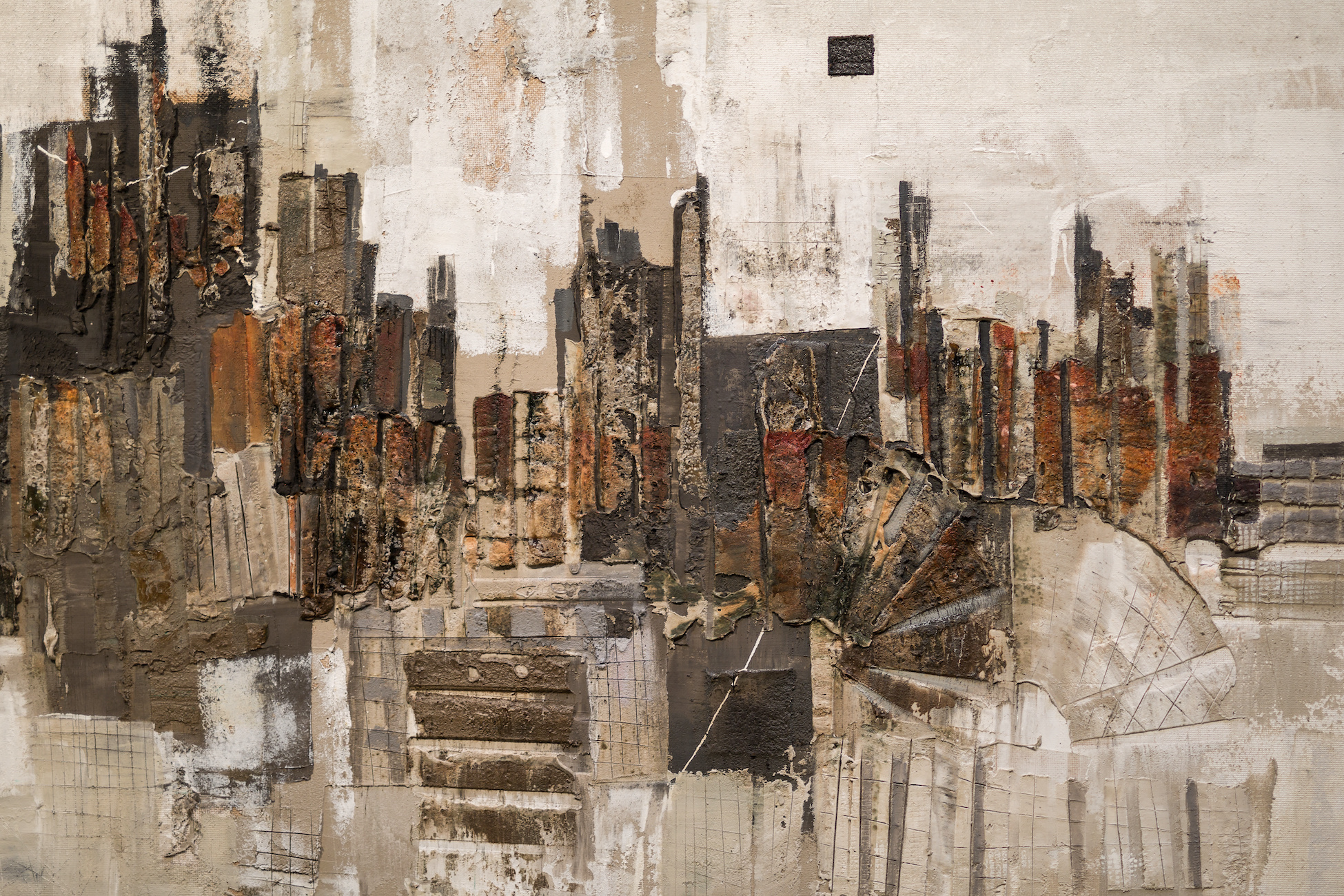 Schilderij - Stad in abstractie (print van handgeschilderd) , Beige bruin , 2 maten , Premium print afbeelding