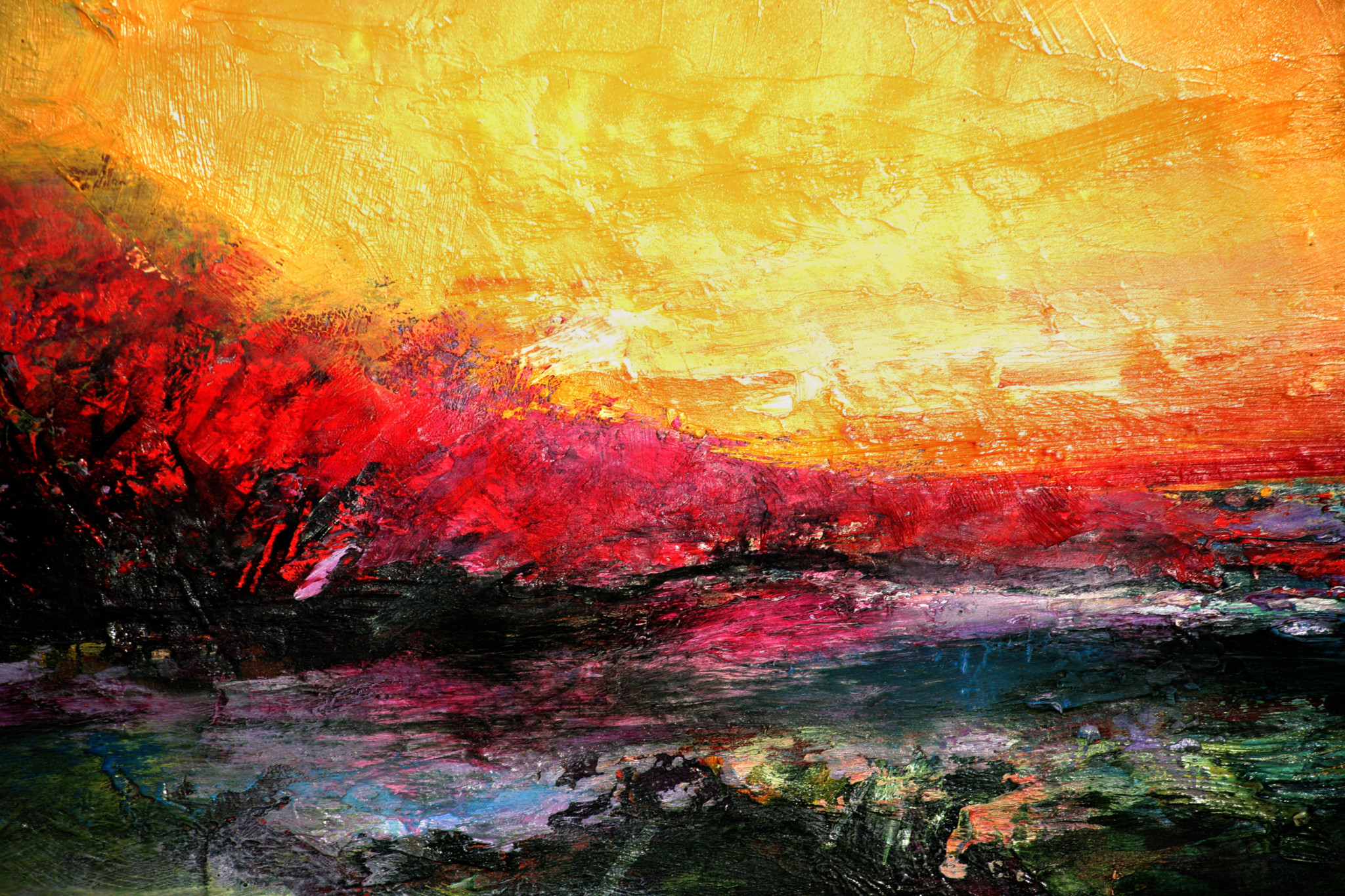 Schilderij - Zonsondergang (print van handgeschilderd) , Multikleur , Wanddecoratie afbeelding