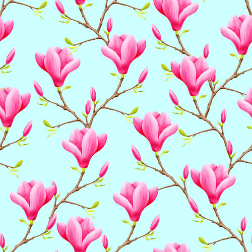 Karo-art Schilderij - roze Magnolia bloemen naadloos patroon, premium print , 3 maten , Wanddecoratie