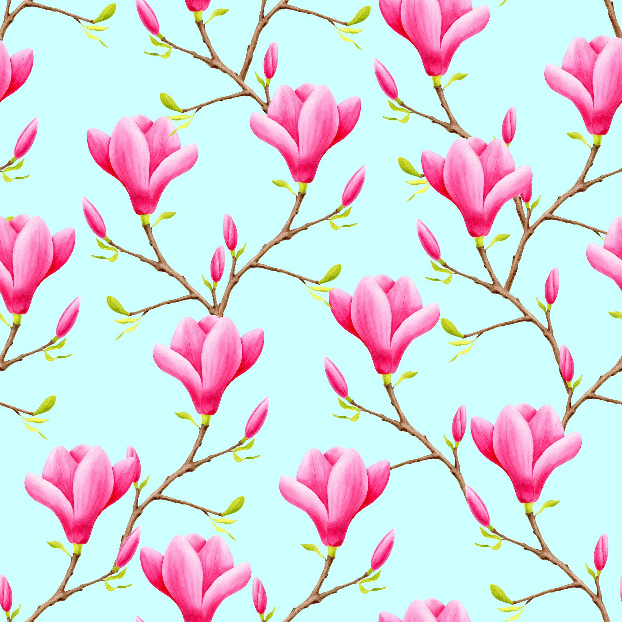 Schilderij - roze Magnolia bloemen naadloos patroon, premium print , 3 maten , Wanddecoratie afbeelding