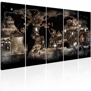 Schilderij - Verlichte Wereld - Wereldkaart , zwart , beige , 5 luik, Premium print op echt Italiaans canvas, voor slaapkamer en woonkamer, wanddecoratie