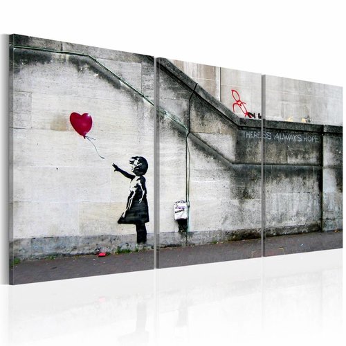 Schilderij - Banksy - Er is altijd hoop 120x60cm -  3luik , wanddecoratie , premium print op echt Italiaans  canvas, voor slaapkamer en woonkamer,