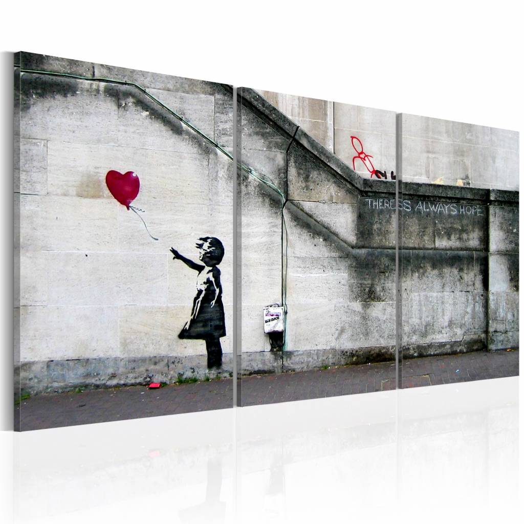 Schilderij - Banksy - Er is altijd hoop 120x60cm - 3luik , wanddecoratie , premium print op echt Ita