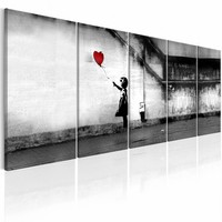 Schilderij - Banksy: Wegvliegende Ballon  , meisje , rode ballon , 5 luik, 2 maten, Print op echt Italiaans canvas, Wanddecoratie