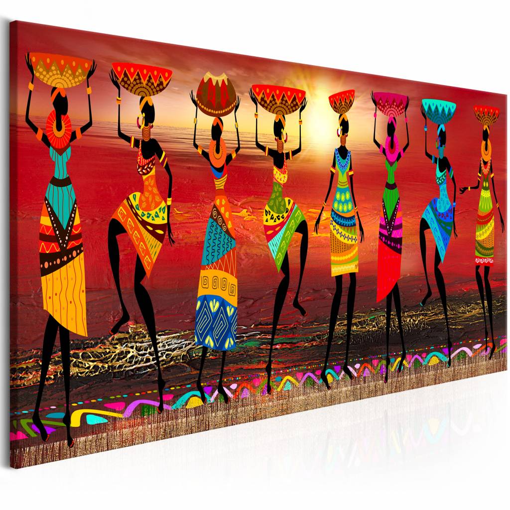 Schilderij - Dansende vrouwen uit Afrika , multi kleur, 3maten, Premium Print op echt Italiaans canvas, Wanddecoratie
