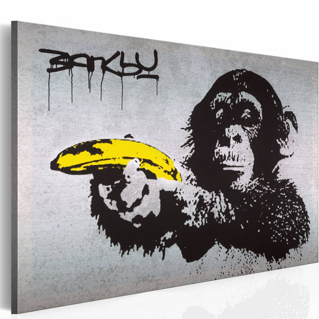 Schilderij - Banksy - Stop of de aap zal schieten , wanddecoratie , premium print op echt Italiaans canvas, in 3 maten, voor slaapkamer en woonkamer
