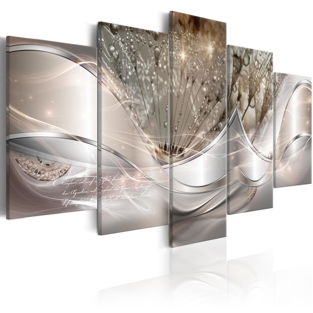 Schilderij - Moderne paardenbloem, beige, 5 luik, Print op Echt Italiaans canvas, Abstracte afbeelding, Wanddecoratie afbeelding