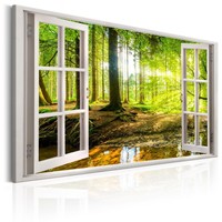 Schilderij - Uitzicht op het bos , 2 maten, groen/bruin, Premium print op echt Italiaans canvas, voor slaapkamer en woonkamer, wanddecoratie