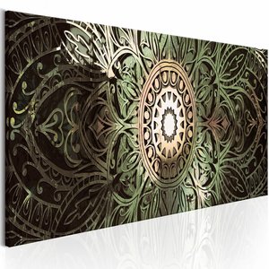 Schilderij - Emerald Mandala , groen, Abstracte afbeelding,  3 maten, Print op Italiaans canvas, voor slaapkamer en woonkamer, Wanddecoratie