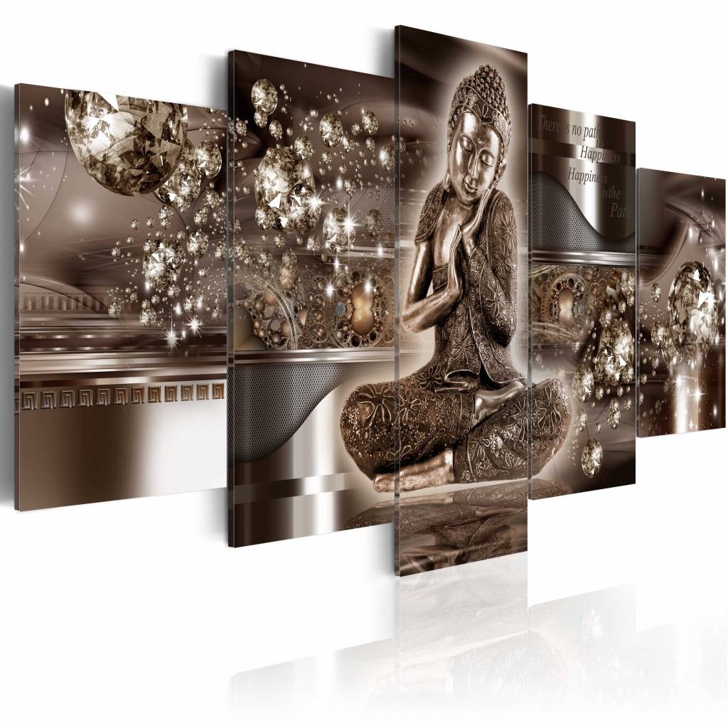 Schilderij - Innerlijke harmonie Boeddha, 5 luik, Bruin/Wit, 2 maten, Premium print op echt Italiaan