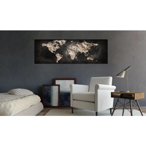 Schilderij - Geheimzinnige Wereld - Wereldkaart  , zwart beige, Print op echt Italiaans canvas, voor slaapkamer en woonkamer, wanddecoratie