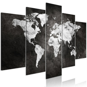 Schilderij - Donkere wereld, wereldkaart, 5 luik, 2 maten, Print op echt Italiaans canvas, voor slaapkamer en woonkamer, Wanddecoratie