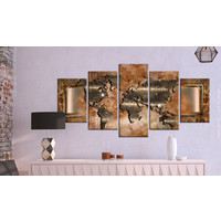 Schilderij - Stalen wereldkaart (staal look, dus canvas) 5 luik, Abstract afgebeeld, print op echt Italiaans canvas, voor woonkamer en slaapkamer, wanddecoratie Schilderij - Stalen wereldkaart (staal look, dus canvas) 5 luik, Abstract afgebeeld, print op echt Italiaans canvas, voor woonkamer en slaapkamer, wanddecoratie