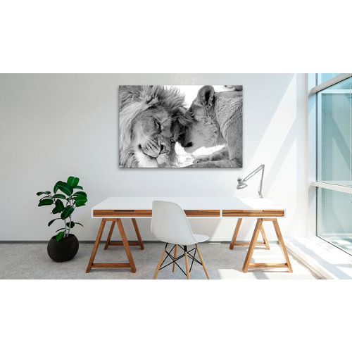 Schilderij - Leeuwen liefde in zwart wit, Dieren, print op echt Italiaans canvas, Prachtig aan de muur, eyecatcher, wanddecoratie