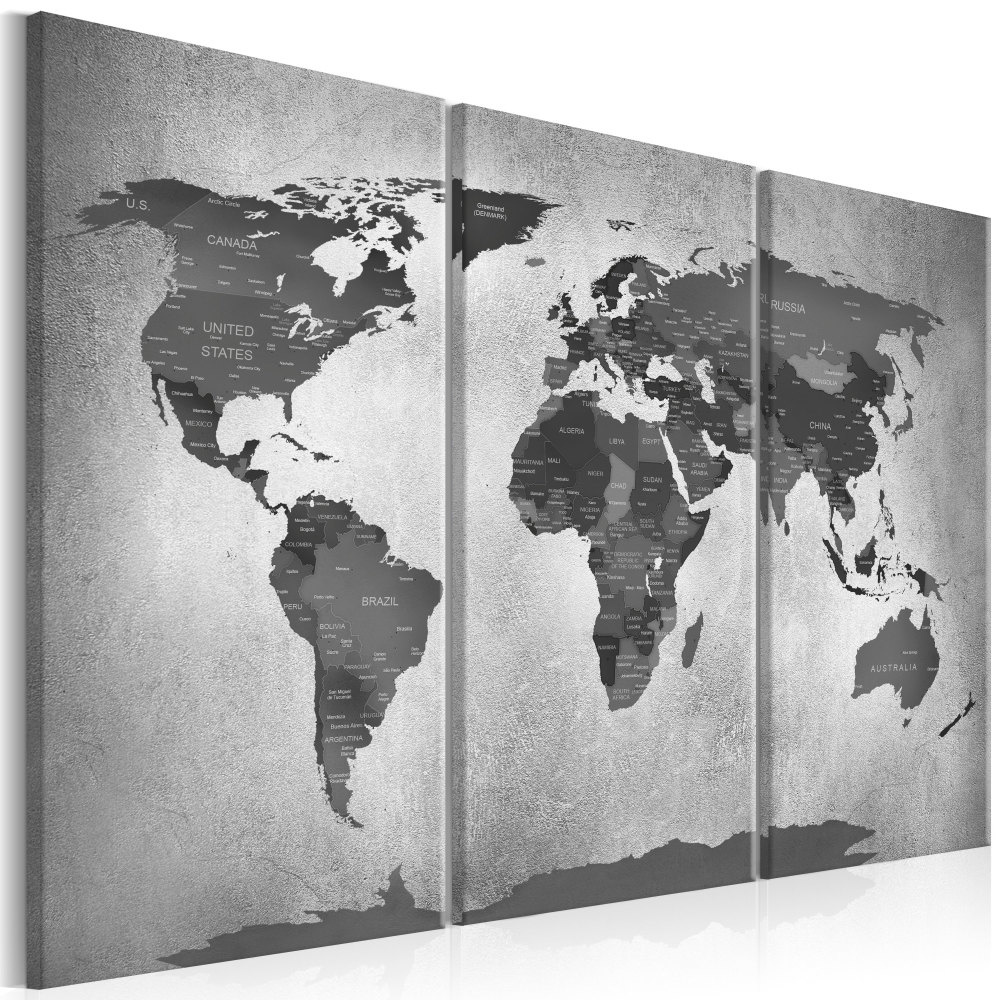 Schilderij - Wereldkaart , Grijze wereld op beton II , 3 luik ,2 maten, Betonlook, print op echt Ita