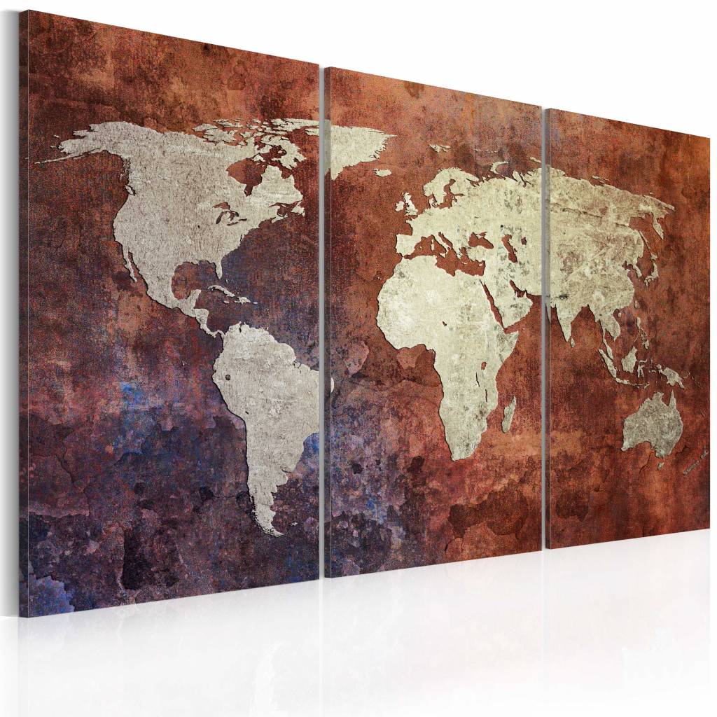Schilderij - Wereldkaart - Roestige kaart van de Wereld, Roestige Look, 3luik , premium print op echt Italiaans canvas canvas, voor slaapkamer en woonkamer, wanddecoratie