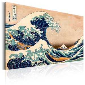 Schilderij - De Grote Golf van Kanagawa (Reproductie) Museumstuk, print op echt Italiaans canvas, slaapkamer en woonkamer, wanddecoratie