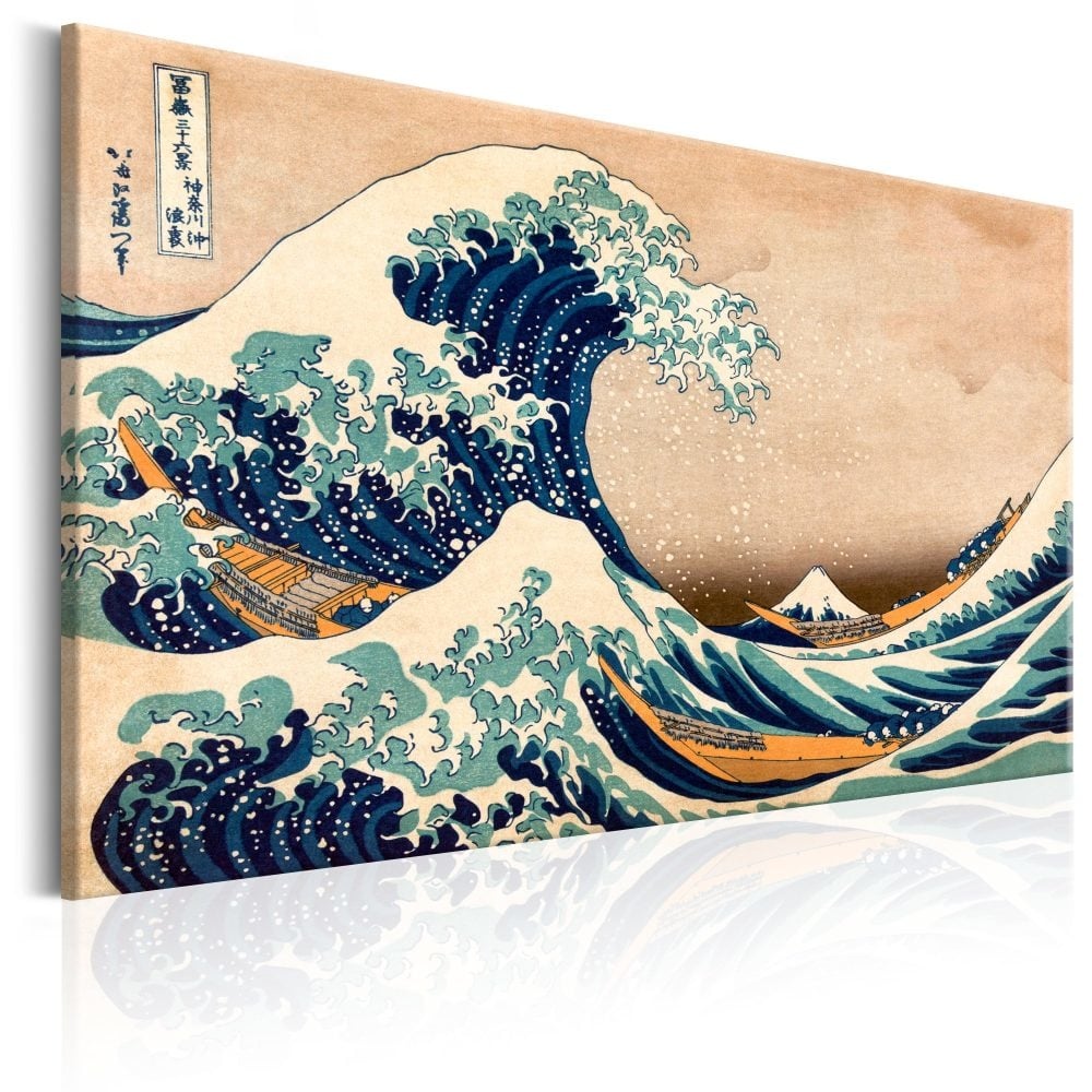 Schilderij - Schilderij - De Grote Golf van Kanagawa (Reproductie) Museumstuk, print op echt Italiaans canvas, slaapkamer en woonkamer, wanddecoratie