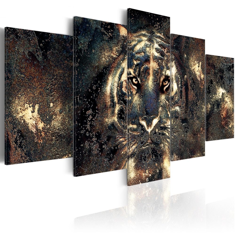 Schilderij - Roofzuchtige schoonheid, tijger, 5 luik, 2 maten, print op echt Italiaans canvas, voor 