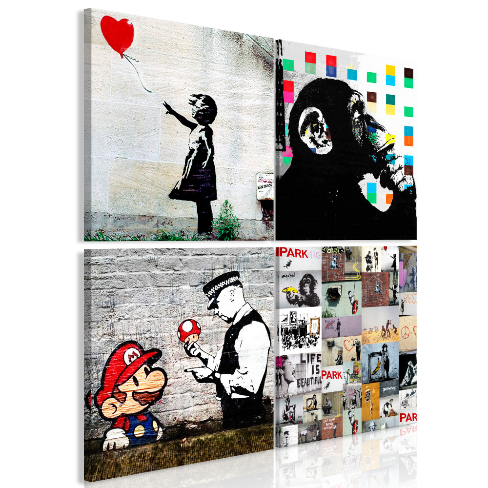 Schilderij - Banksy Collage , 4 delen, voor slaapkamer en woonkamer, 4 maten, print op echt Italiaan