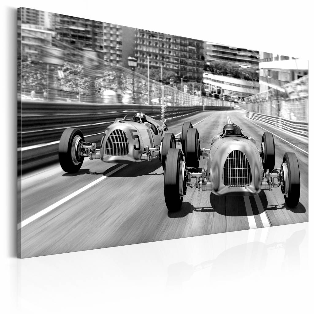 Schilderij - Formule 1 retro, Monaco, Zwart/Wit, 3 maten, Premium print op echt Italiaans canvas, Wanddecoratie, Terug in de tijd