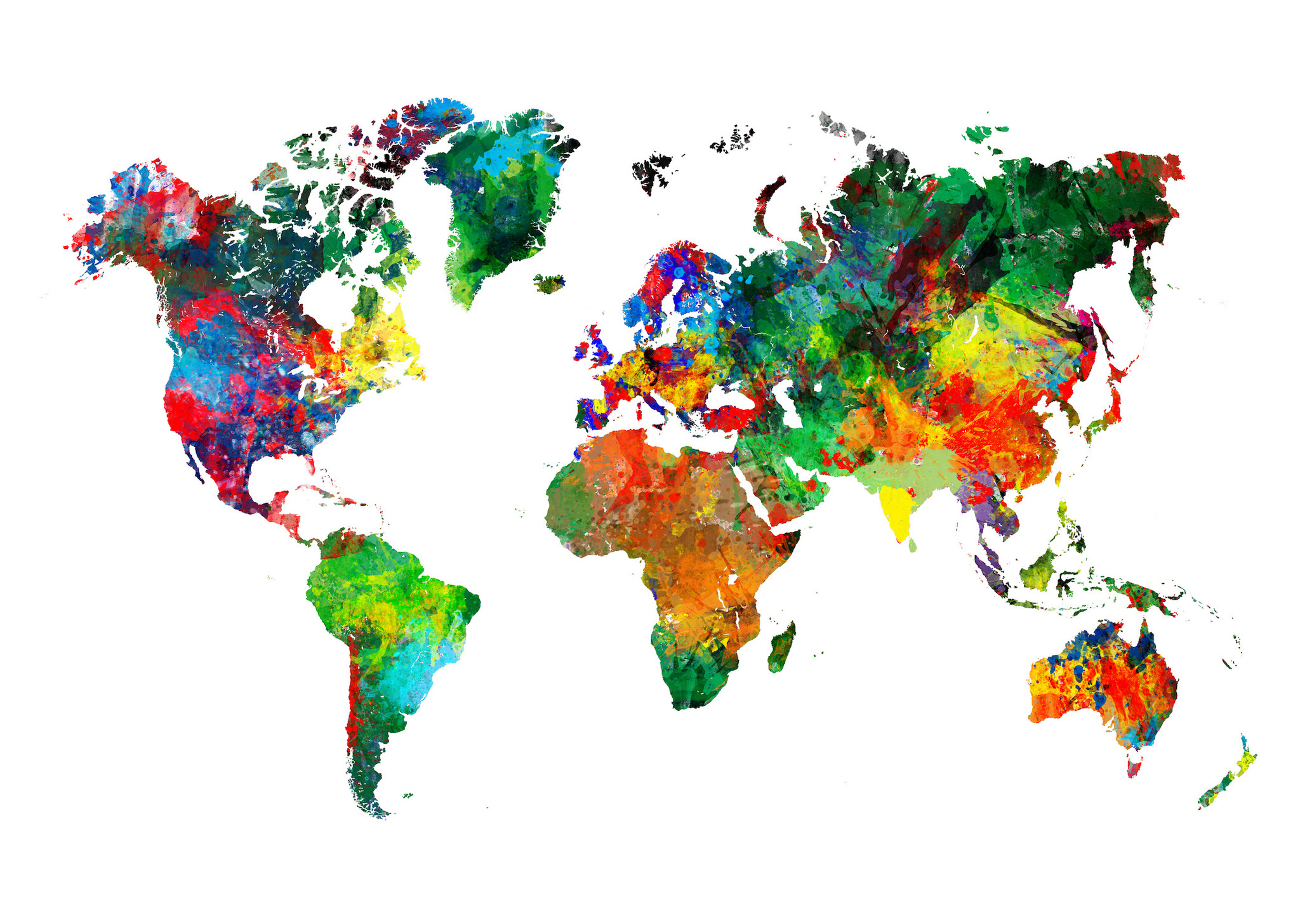 Schilderij - Wereldkaart in kleuren, multikleur, 2 maten , Wanddecoratie , Premium print afbeelding