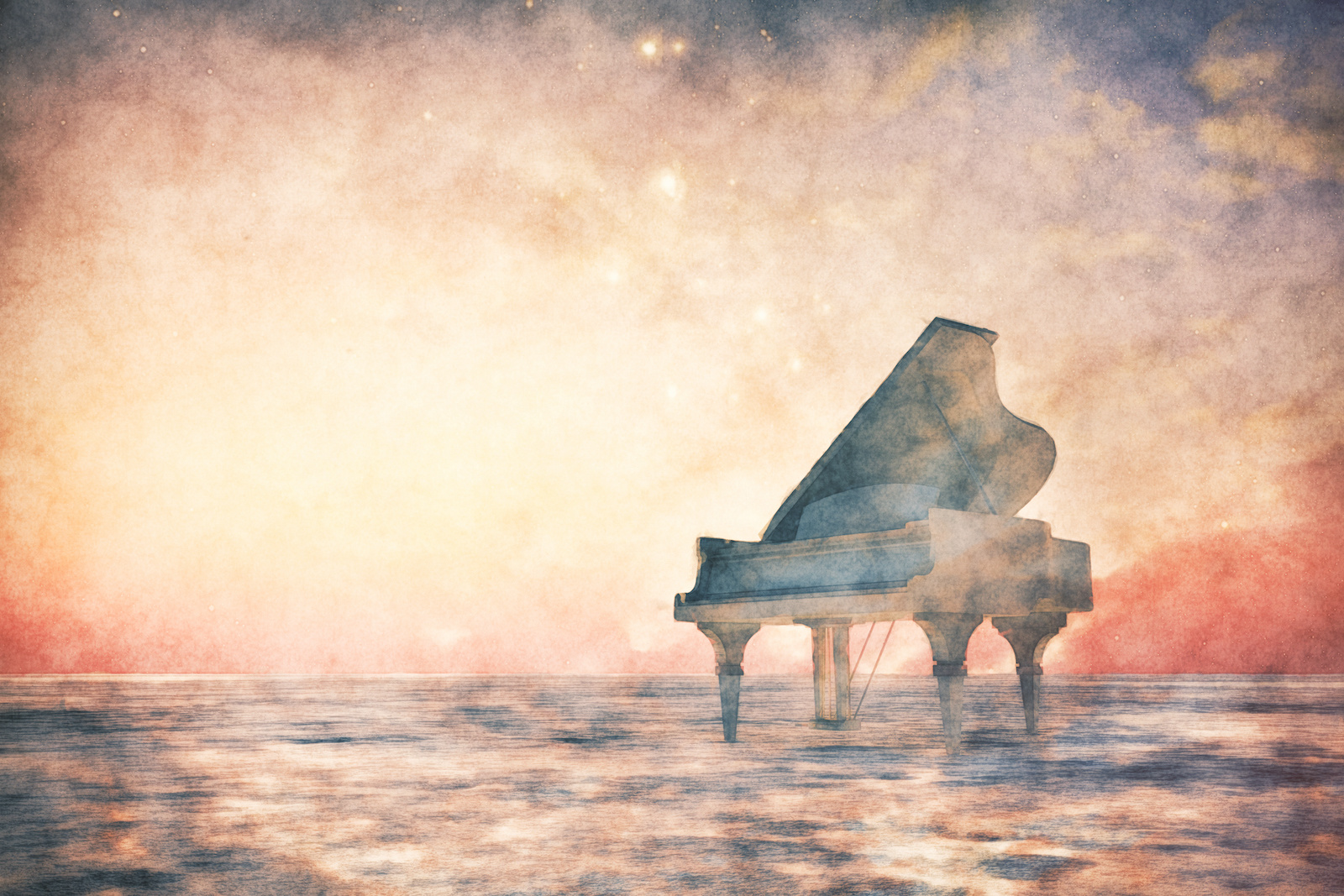 Schilderij - Piano, vleugel in een fantasie landschap, multikleur , 2 maten , Wanddecoratie afbeelding