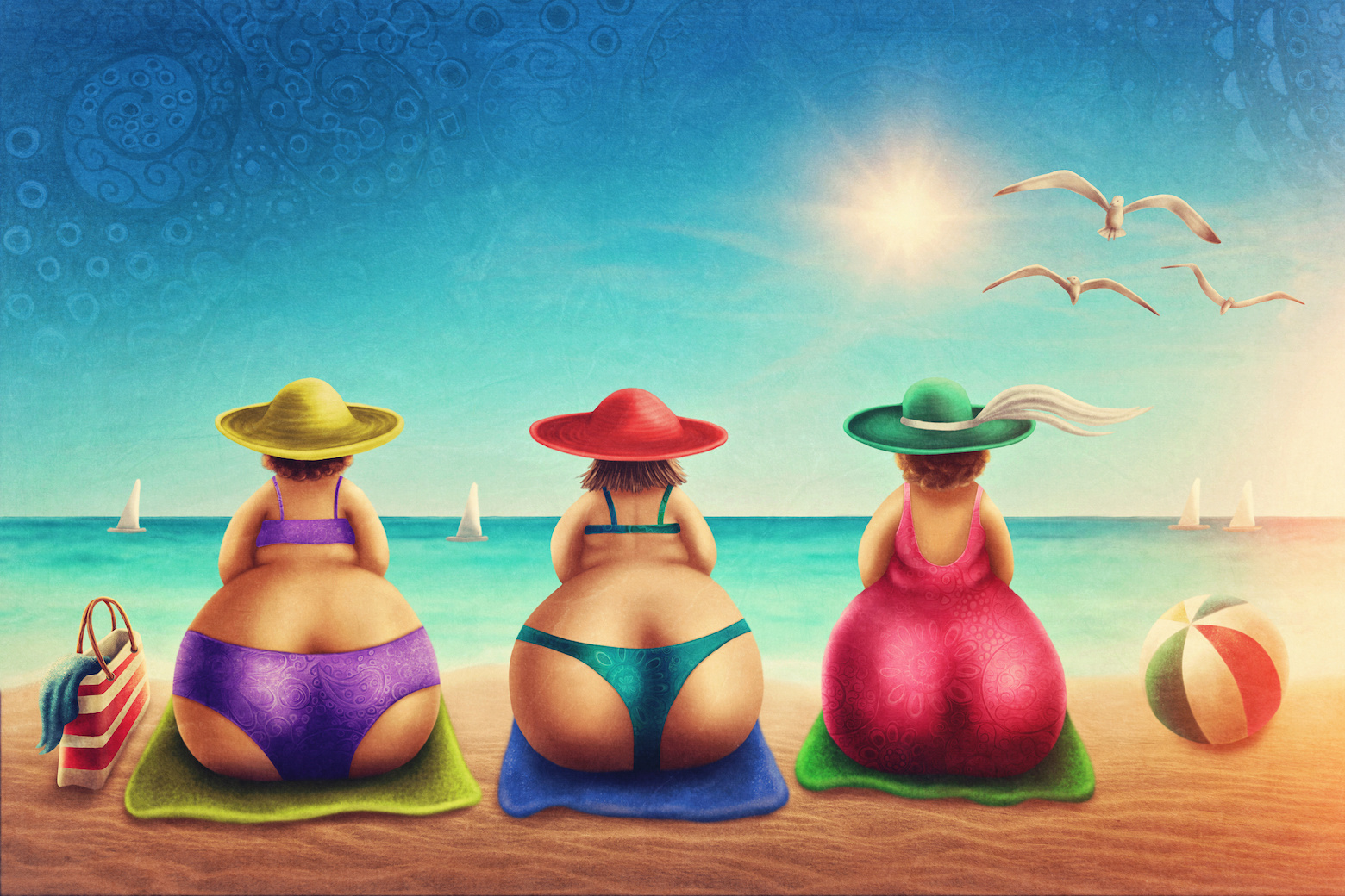 Schilderij - Drie gezellige dames op het strand, Multikleur , 2 maten , Premium print afbeelding
