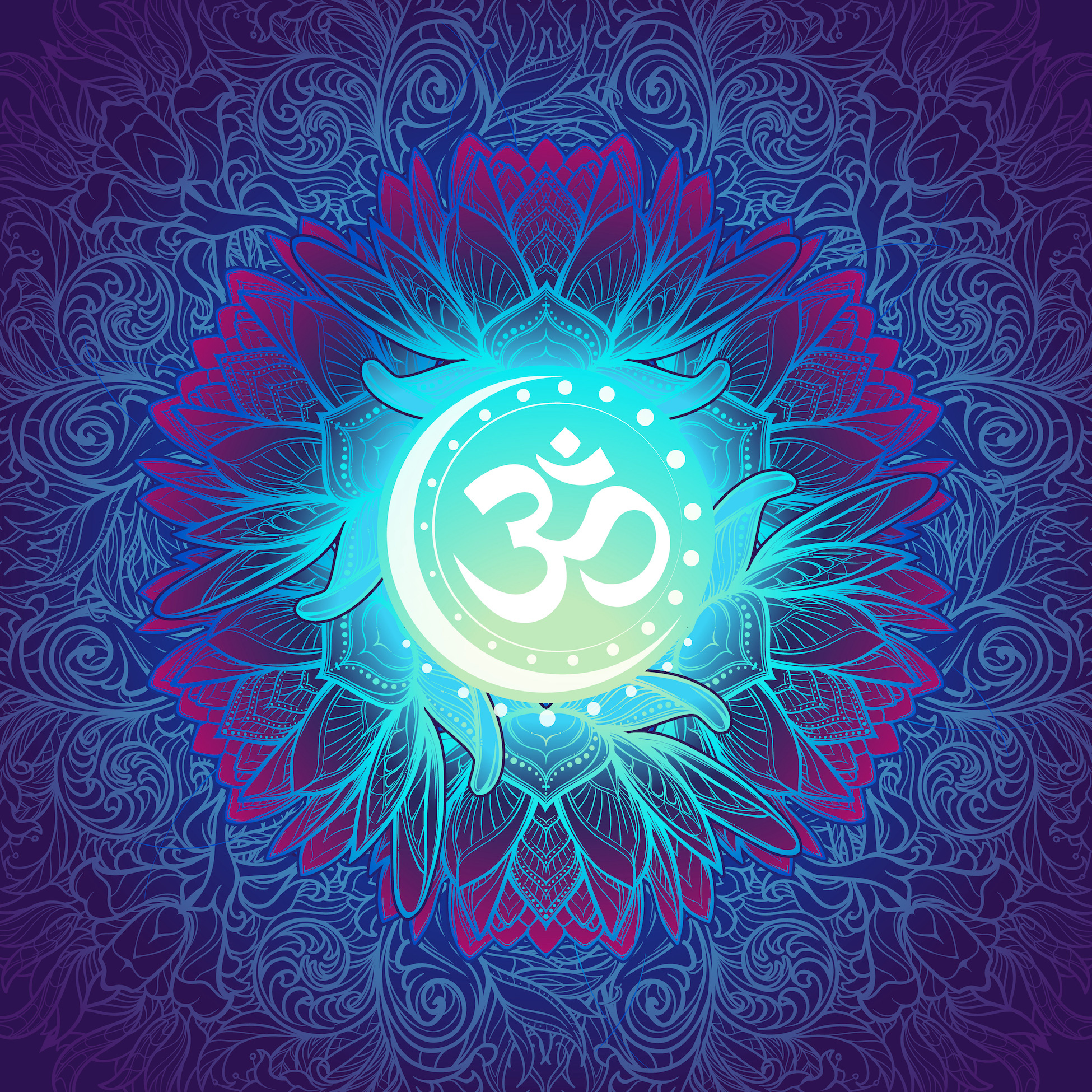Schilderij - Mandala, ohm teken, eeuwigheid, oneindigheid en het universum, Multikleur, 2 maten afbeelding
