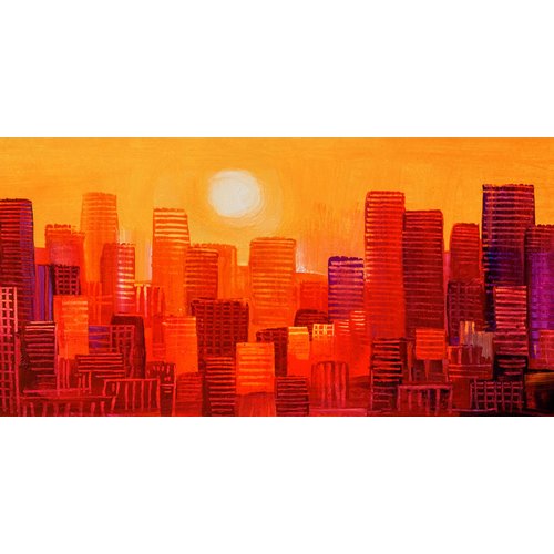 Karo-art Schilderij - Wolkenkrabbers zonsondergang, geel rood , 2 maten , Wanddecoratie , Premium print