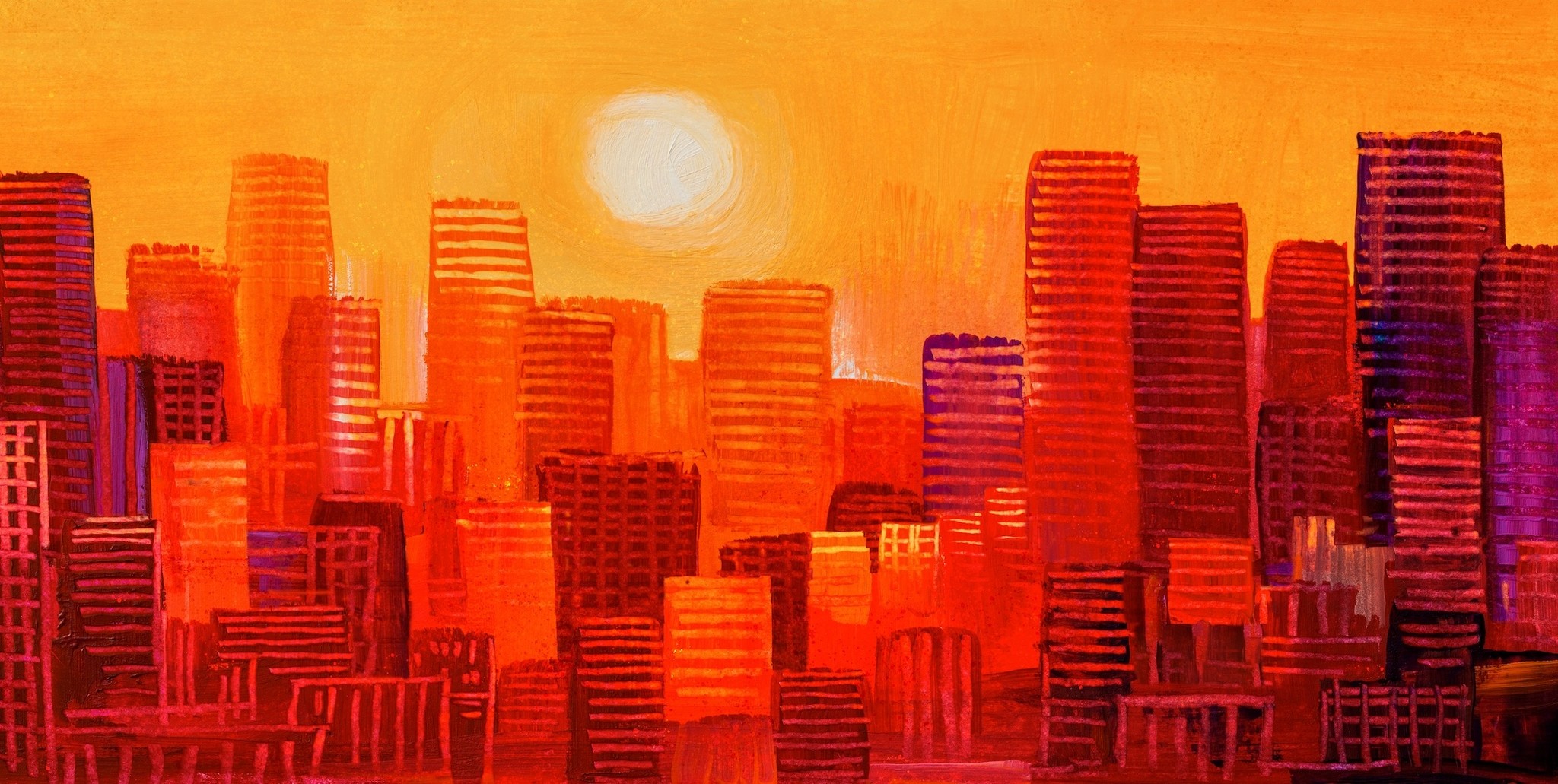 Schilderij - Wolkenkrabbers zonsondergang, geel rood , 2 maten , Wanddecoratie , Premium print afbeelding