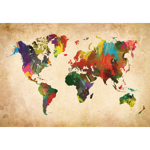 Karo-art Schilderij - Artistieke wereldkaart in kleuren, Multikleur , 2 maten , Wanddecoratie