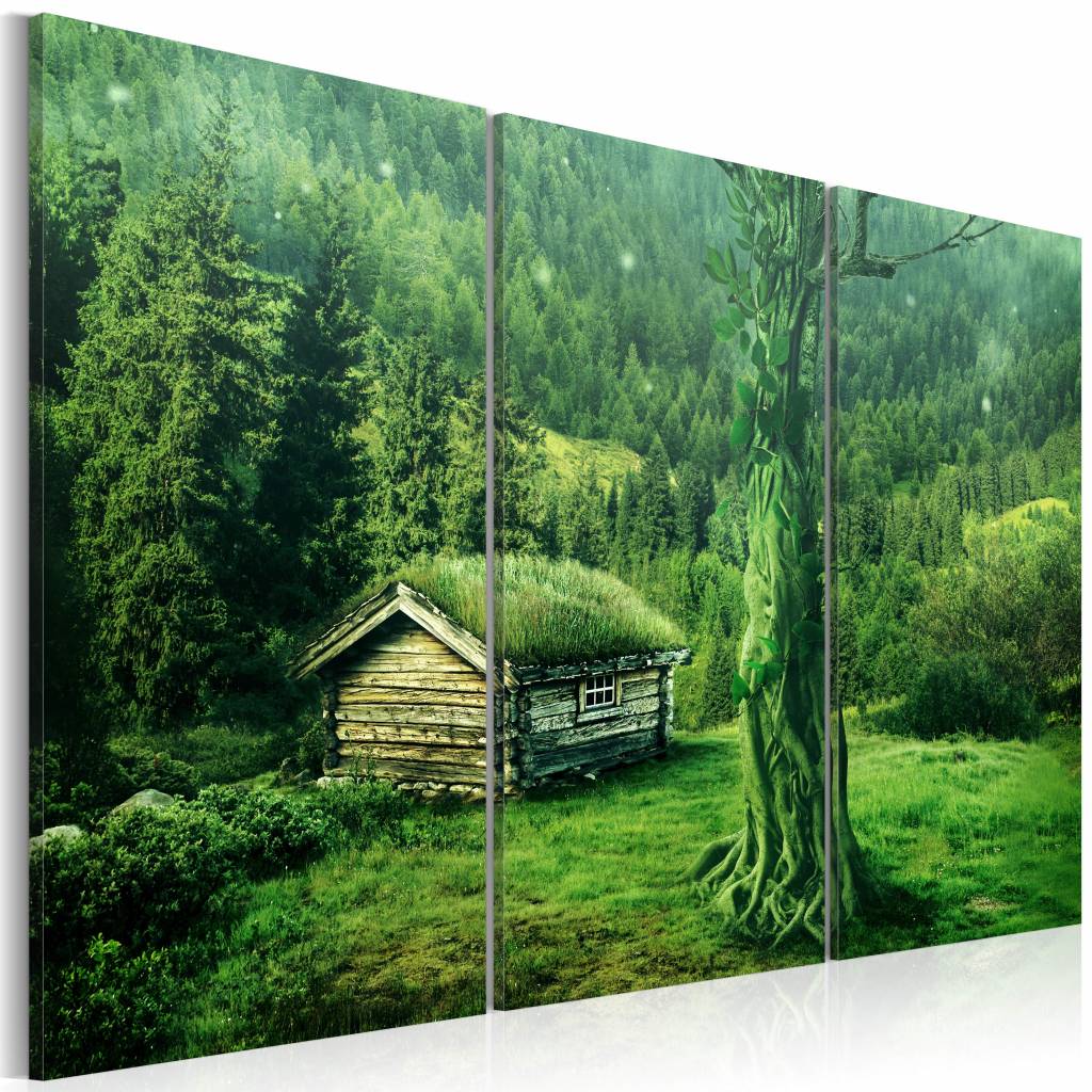 Schilderij - Bos Ecosysteem, Groen, 3luik , premium print op echt Italiaans canvas, Wanddecoratie, voor slaapkamer en woonkamer